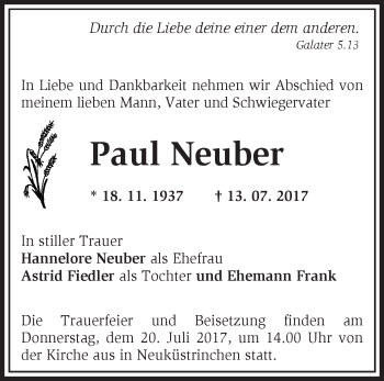 Traueranzeige von Paul Neuber von Märkische Oderzeitung