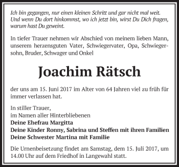 Traueranzeige von Joachim Rätsch von Märkische Oderzeitung