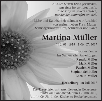 Traueranzeige von Martina Müller von Märkische Oderzeitung