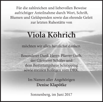 Traueranzeige von Viola Köhrich von Märkische Oderzeitung