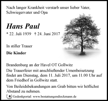 Traueranzeige von Hans Paul von Märkische Oderzeitung