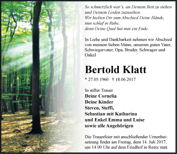 Traueranzeige von Bertold Klatt von Märkische Oderzeitung