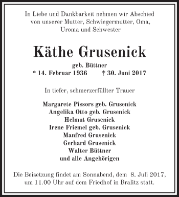 Traueranzeige von Käthe Grusenick von Märkische Oderzeitung