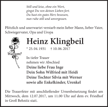 Traueranzeige von Heinz Klingbeil von Märkische Oderzeitung