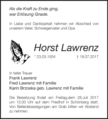 Traueranzeige von Horst Lawrenz von Märkische Oderzeitung