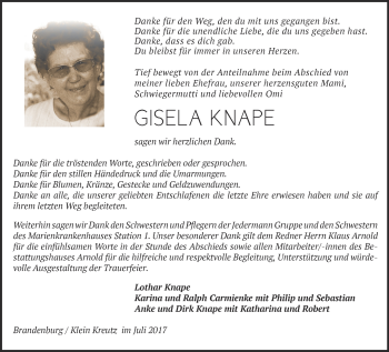 Traueranzeige von Gisela Knape von Märkische Oderzeitung