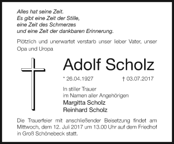 Traueranzeige von Adolf Scholz von Märkische Oderzeitung