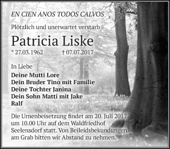 Traueranzeige von Patricia Liske von Märkische Oderzeitung