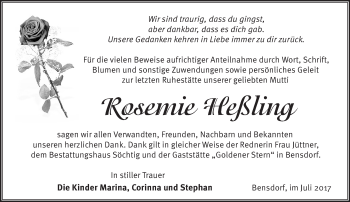 Traueranzeige von Rosemie Heßling von Märkische Oderzeitung