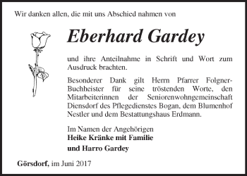 Traueranzeige von Eberhard Gardey von Märkische Oderzeitung