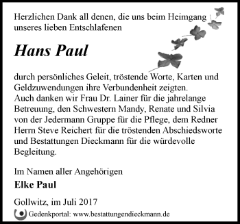 Traueranzeige von Hans Paul von Märkische Oderzeitung