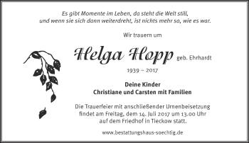 Traueranzeige von Helga Hopp von Märkische Oderzeitung