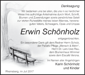 Traueranzeige von Erwin Schönholz von Märkische Oderzeitung