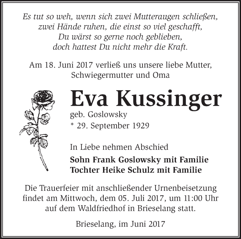  Traueranzeige für Eva Kussinger vom 02.07.2017 aus Märkische Oderzeitung
