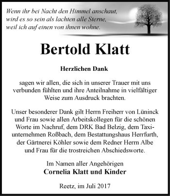 Traueranzeige von Bertold Klatt von Märkische Oderzeitung