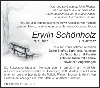 Traueranzeige von Erwin Schönholz von Märkische Oderzeitung