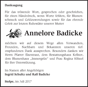 Traueranzeige von Annelore Badicke von Märkische Oderzeitung