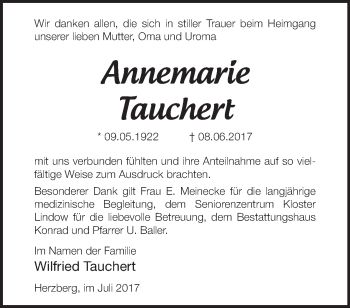 Traueranzeige von Annemarie Tauchert von Märkische Oderzeitung