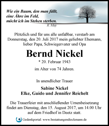 Traueranzeige von Bernd Nickel von Märkische Oderzeitung