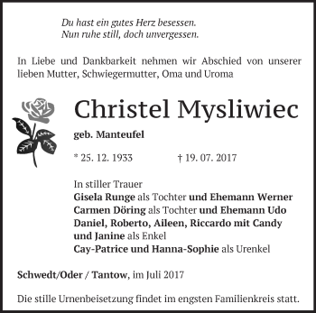 Traueranzeige von Christel Mysliwiec von Märkische Oderzeitung