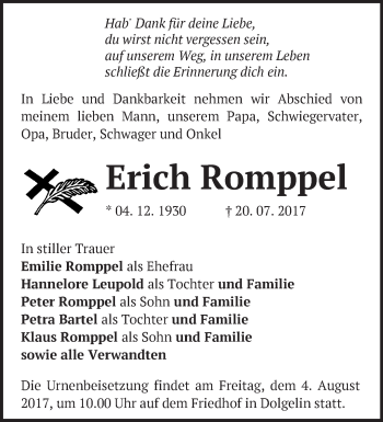 Traueranzeige von Erich Romppel von Märkische Oderzeitung