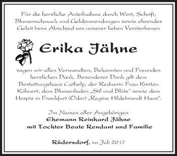 Traueranzeige von Erika Jähne von Märkische Oderzeitung