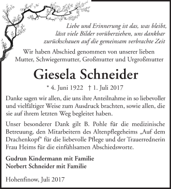 Traueranzeige von Giesela Schneider von Märkische Oderzeitung