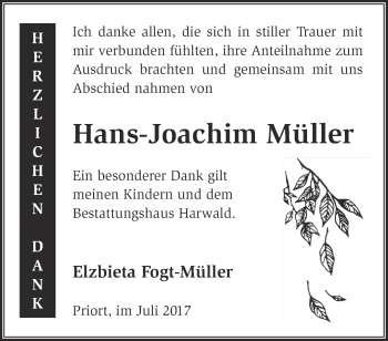 Traueranzeige von Hans-Joachim Müller von Märkische Oderzeitung