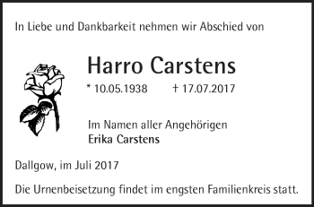 Traueranzeige von Harro Carstens von Märkische Oderzeitung