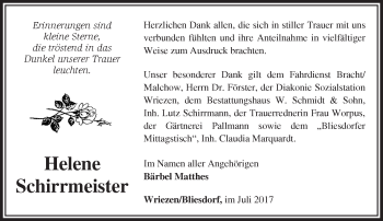 Traueranzeige von Helene Schirrmeister von Märkische Oderzeitung