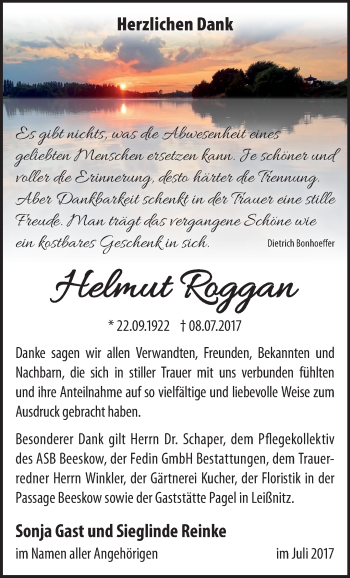 Traueranzeige von Helmut Roggan von Märkische Oderzeitung