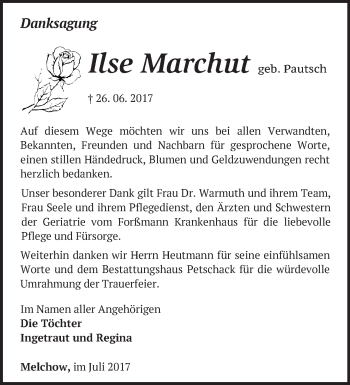 Traueranzeige von Ilse Marchut von Märkische Oderzeitung