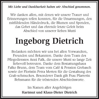 Traueranzeige von Ingeborg Dietrich von Märkische Oderzeitung