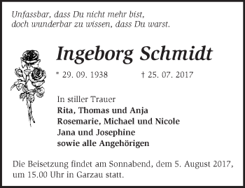 Traueranzeige von Ingeborg Schmidt von Märkische Oderzeitung