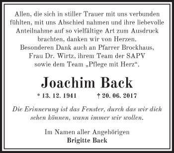 Traueranzeige von Joachim Back von Märkische Oderzeitung