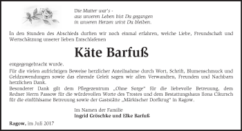 Traueranzeige von Käte Barfuß von Märkische Oderzeitung