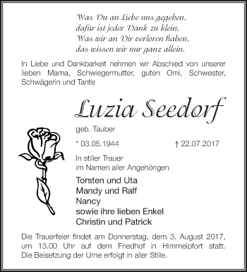 Traueranzeige von Luzia Seedorf von Märkische Oderzeitung