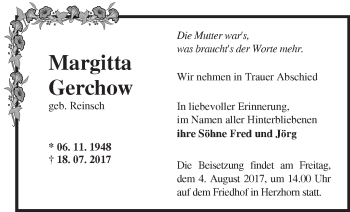 Traueranzeige von Margitta Gerchow von Märkische Oderzeitung