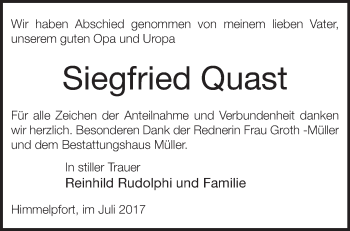 Traueranzeige von Siegfried Quast von Märkische Oderzeitung