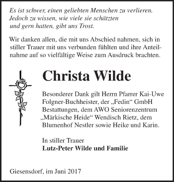 Traueranzeige von Christa Wilde von Märkische Oderzeitung