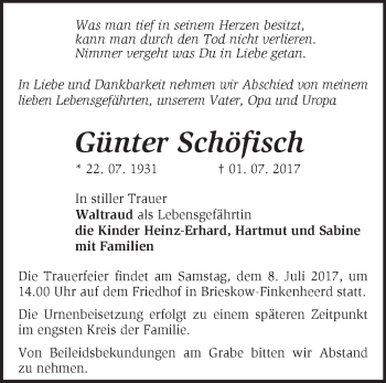 Traueranzeige von Günter Schöfisch von Märkische Oderzeitung