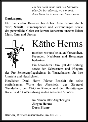 Traueranzeige von Käthe Herms von Märkische Oderzeitung