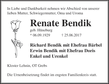 Traueranzeige von Renate Bendik von Märkische Oderzeitung