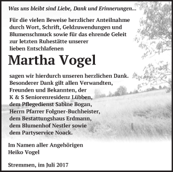 Traueranzeige von Martha Vogel von Märkische Oderzeitung