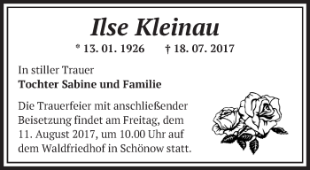 Traueranzeige von Ilse Kleinau von Märkische Oderzeitung