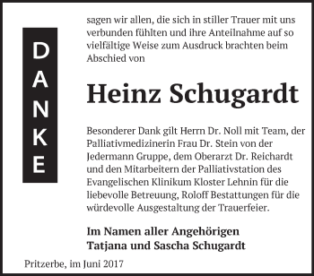 Traueranzeige von Heinz Schugardt von Märkische Oderzeitung