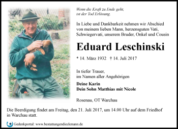 Traueranzeige von Eduard Leschinski von Märkische Oderzeitung