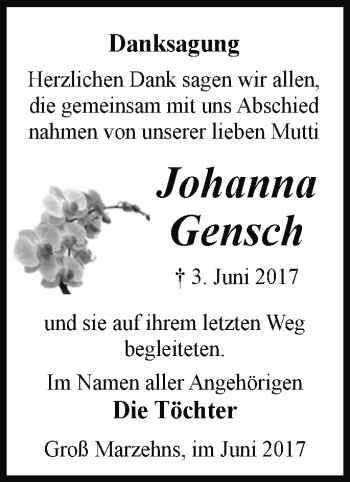 Traueranzeige von Johanna Gensch von Märkische Oderzeitung