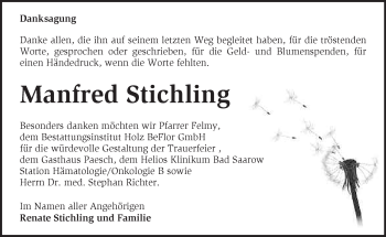 Traueranzeige von Manfred Stichling von Märkische Oderzeitung