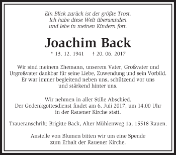 Traueranzeige von Joachim Back von Märkische Oderzeitung